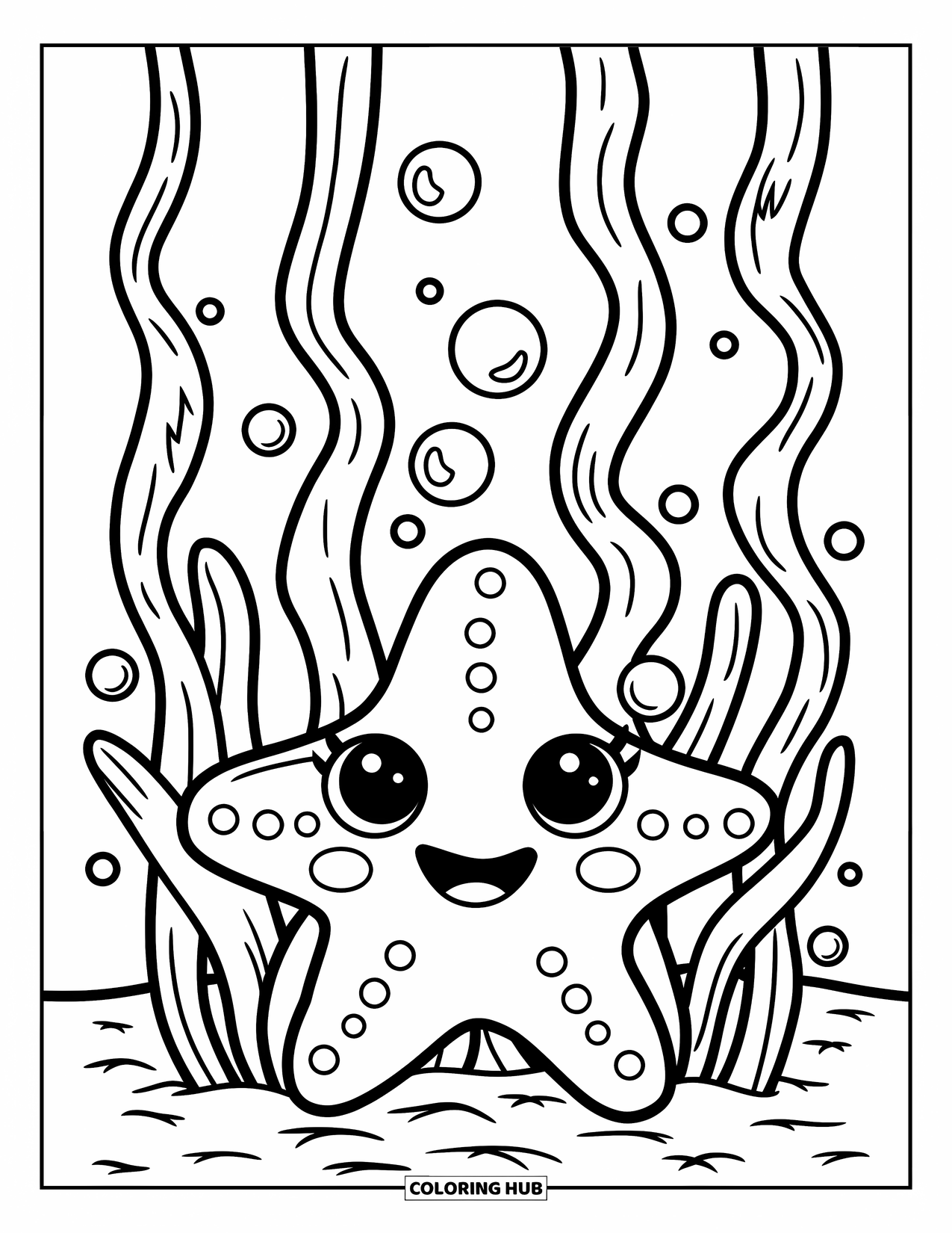 Starfish Coloring Page for Kids: A starfish rests under seaweed with bubbles rising around it