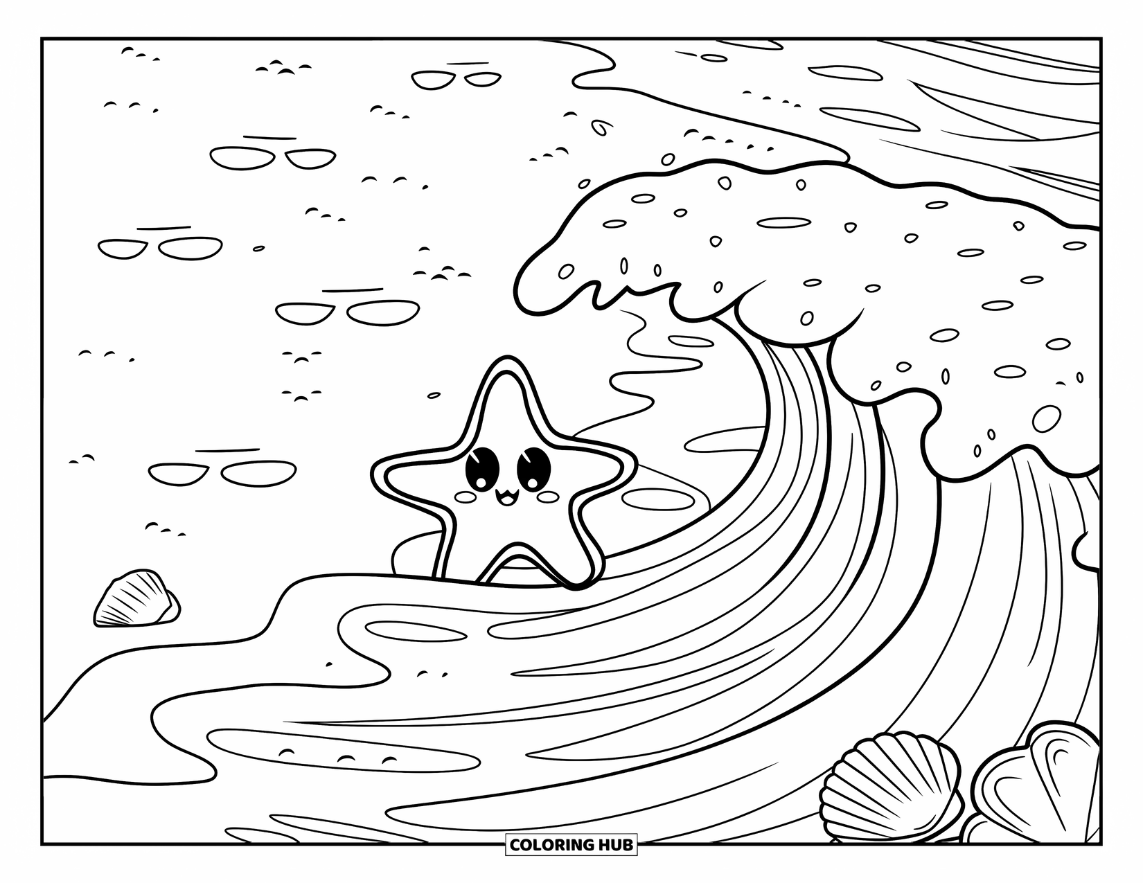 Starfish Coloring Page for Kids: A wide-eyed starfish relaxes near seashells and foamy footprints by the shore