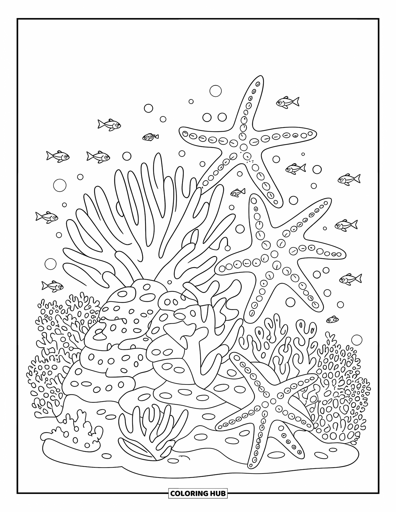 Starfish Coloring Page for Kids: Starfish and fish gather in a reef filled with playful coral shapes