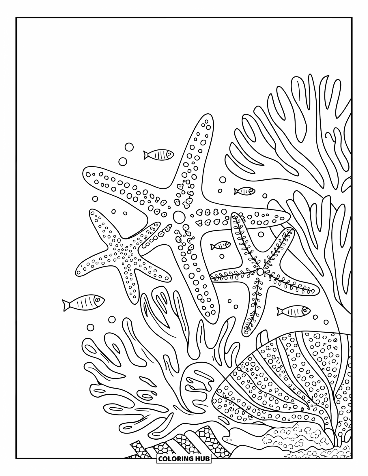 Starfish Coloring Page for Kids: Three cheerful starfish swim among coral and playful fish