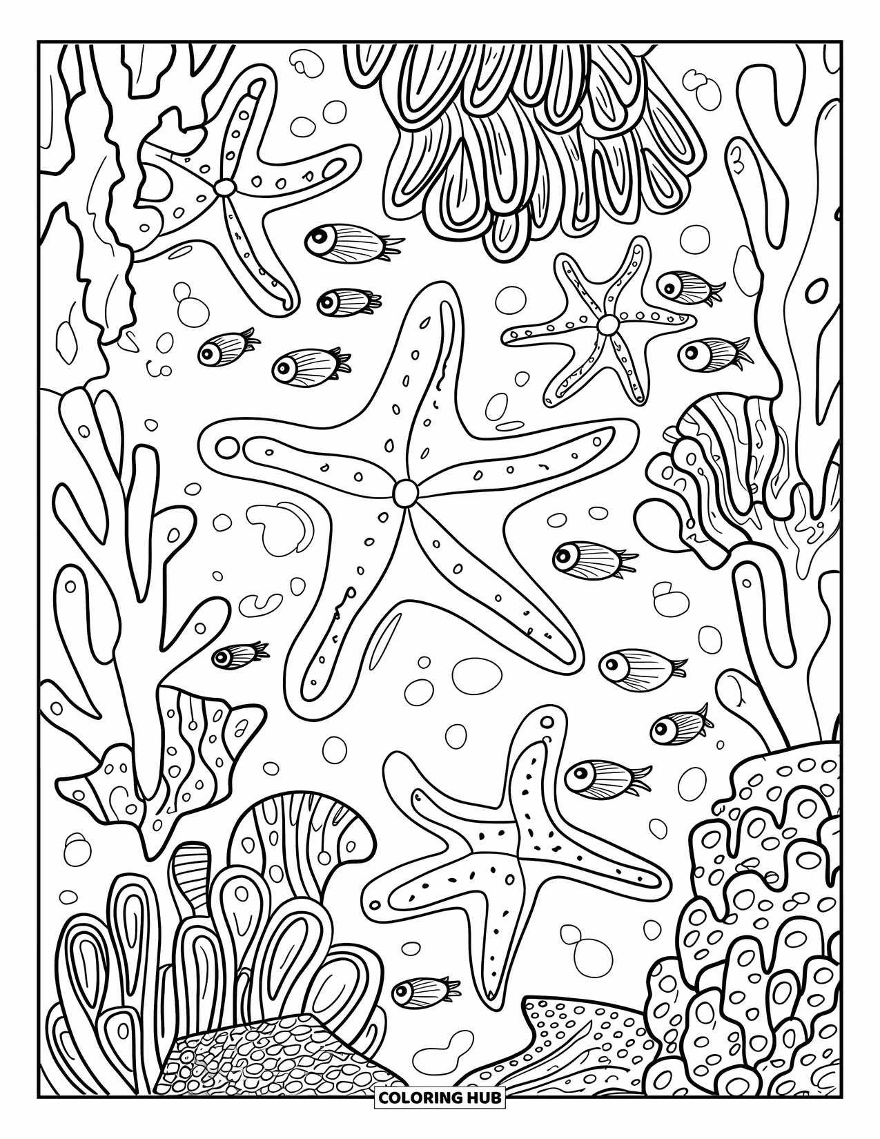 Starfish Coloring Page for Kids: Three expressive starfish play among coral and curious little fish