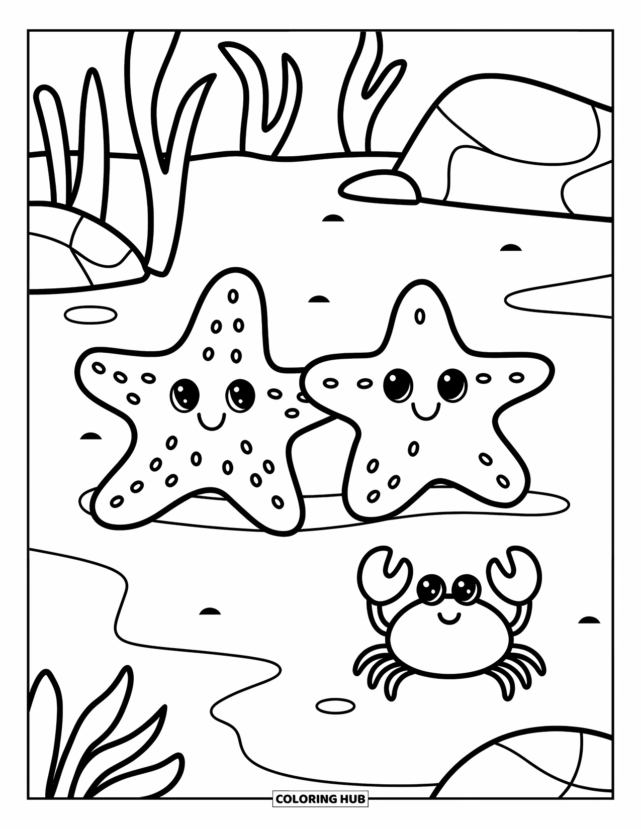 Starfish Coloring Page for Kids: Two smiling starfish and a playful crab hang out on the sand