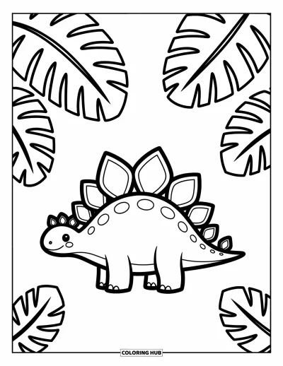 Tegning af stegosaurus til voksne: En munter stegosaurus står stille under tropiske blade med bløde afrundede rygplader