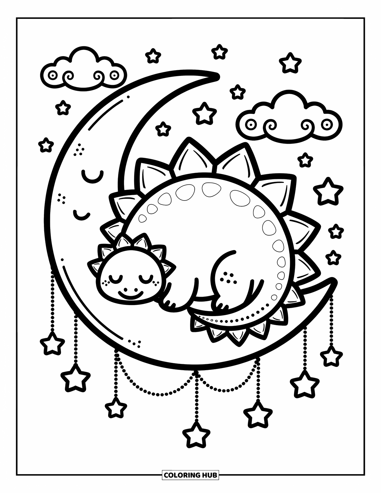 Stegosaurus Coloring Page for Adults: A cozy stegosaurus sleeps on a moon with stars, clouds, and dangling star charms