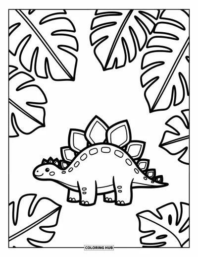 Tegning af stegosaurus til voksne: En nysgerrig stegosaurus står under tropiske blade med svampe og små blomster