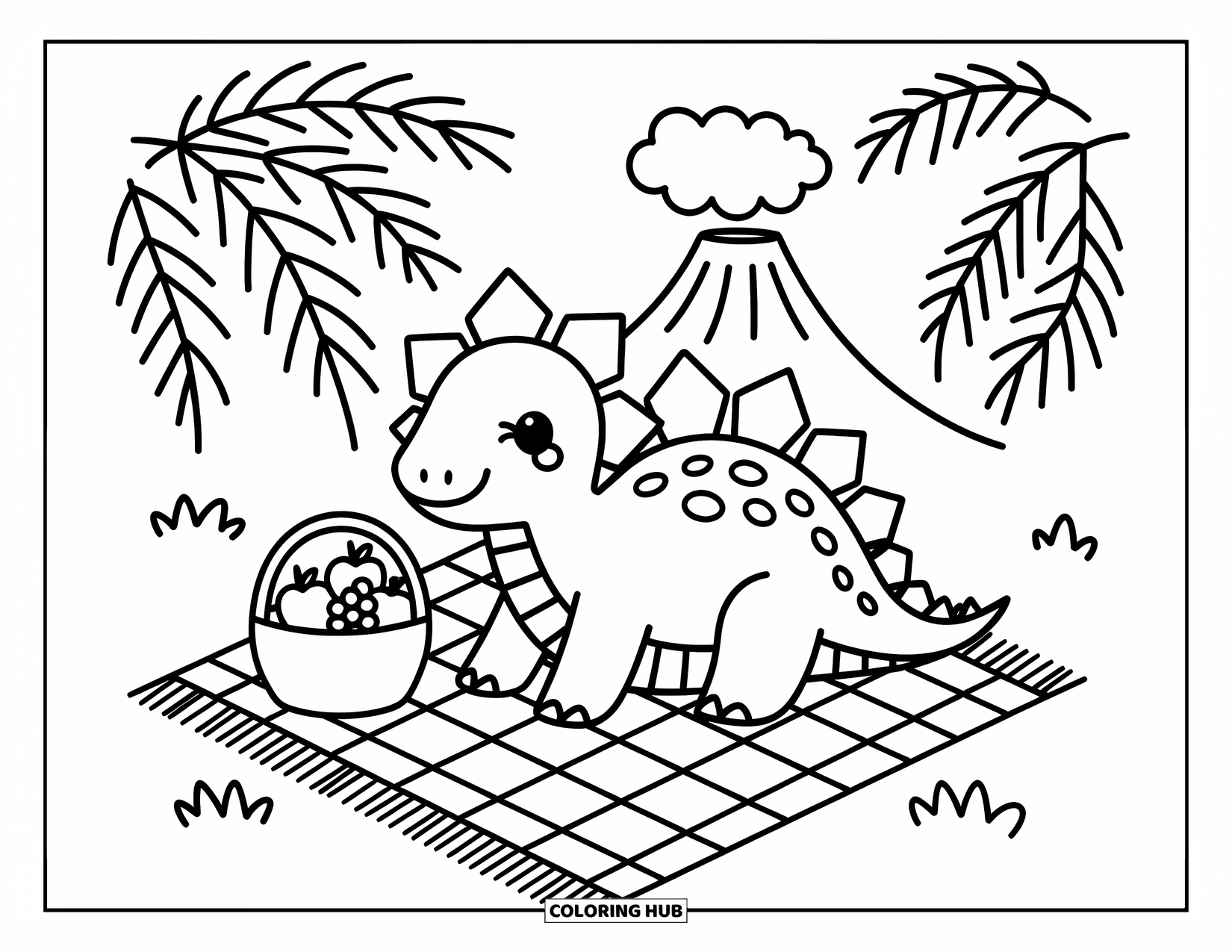 Stegosaurus Coloring Page for Adults: A cute stegosaurus enjoys a picnic on a checkered blanket beside a tiny volcano