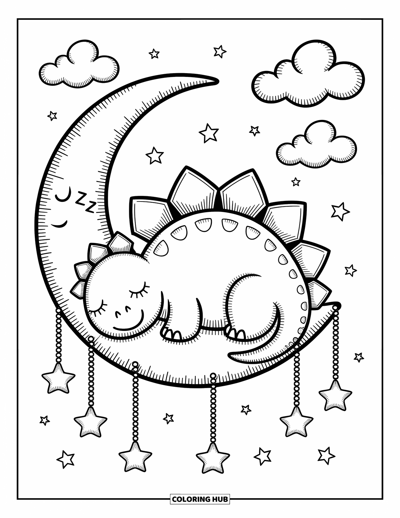 Stegosaurus Coloring Page for Adults: A cute stegosaurus snoozes on a crescent moon with clouds and floating star charms