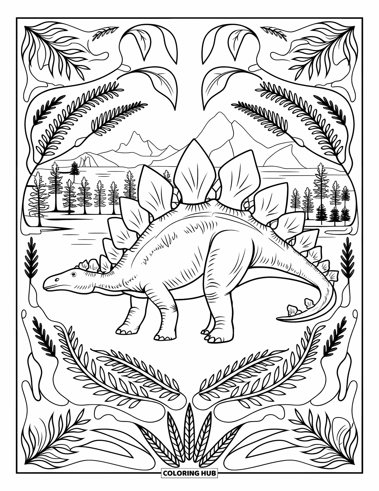 Stegosaurus Coloring Page for Adults: A detailed stegosaurus stands near a lake, surrounded by ferns and bold outlines