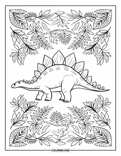 Tegning af stegosaurus til voksne: En detaljeret stegosaurus omgivet af mønstrede forhistoriske planter