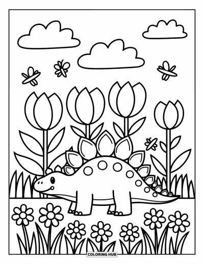 Tegning af stegosaurus til voksne: En glad stegosaurus nyder en solbeskinnet eng fyldt med høje blomster, bier og sommerfugle