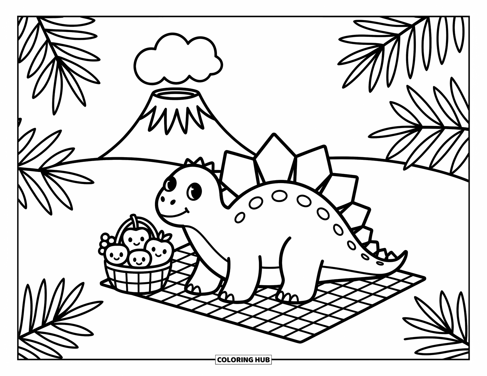 Stegosaurus Coloring Page for Adults: A happy stegosaurus has a picnic with smiling fruit near a soft, cloudy volcano