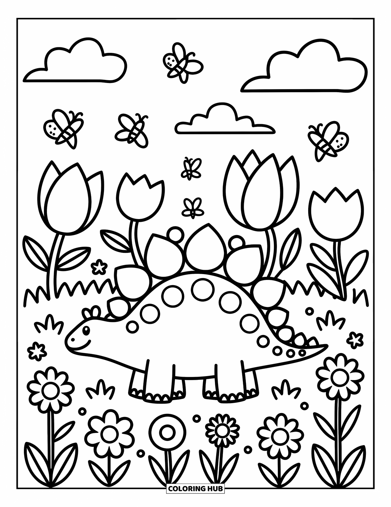 Stegosaurus Coloring Page for Adults: A kawaii stegosaurus stands among giant tulips and daisies with bees flying above
