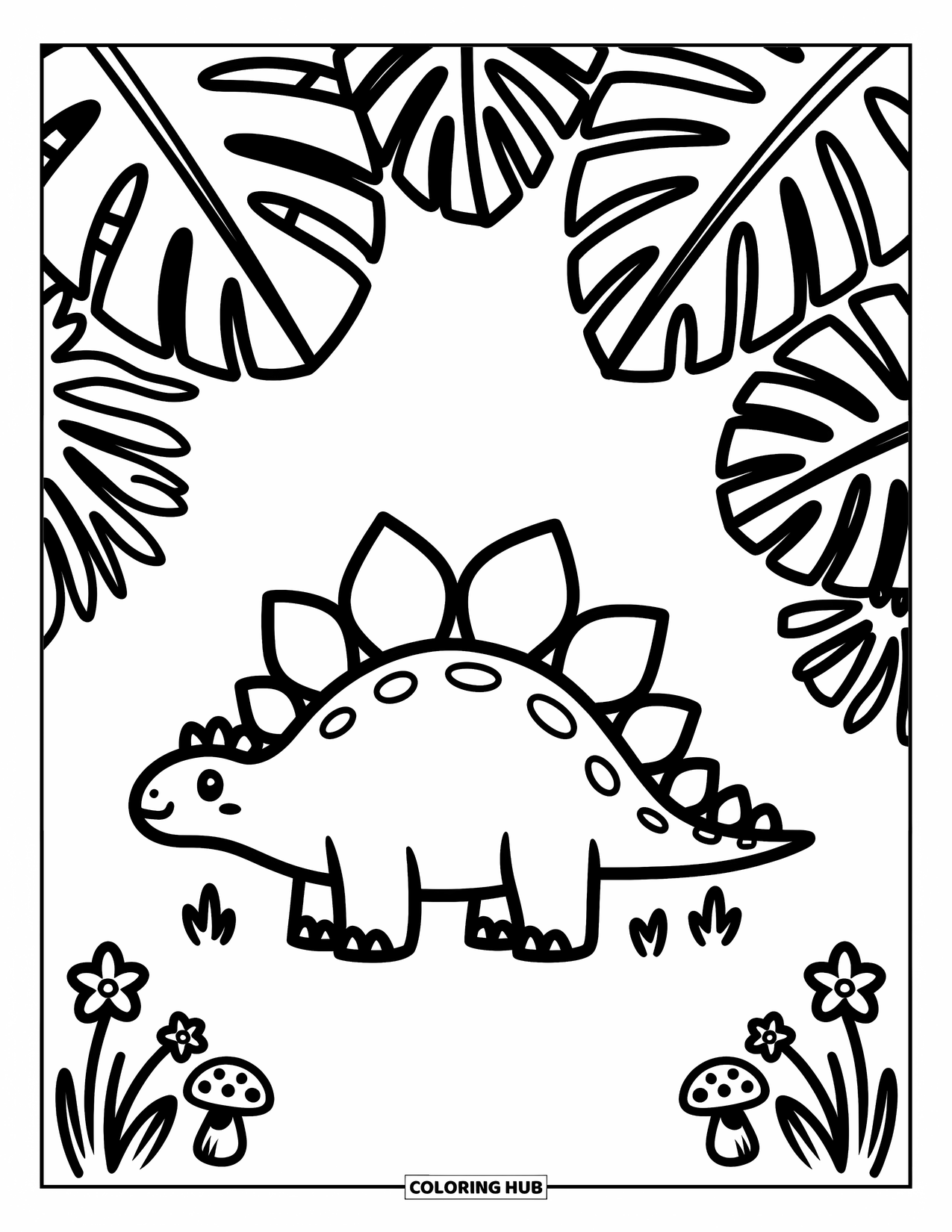Stegosaurus Coloring Page for Adults: A kawaii stegosaurus stands quietly among large leaves, mushrooms, and tiny blooms