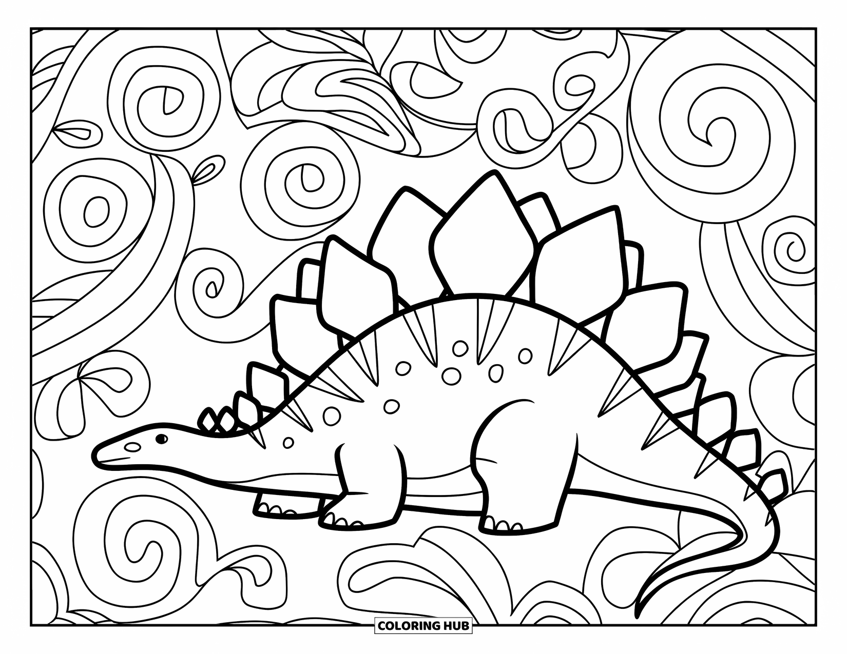 Stegosaurus Coloring Page for Adults: A peaceful stegosaurus lies surrounded by intricate spiraling foliage