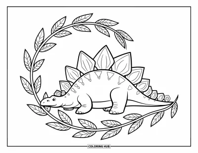Tegning af stegosaurus til voksne: En hvilende stegosaurus indrammet af bløde svirlende blade og slyngplanter
