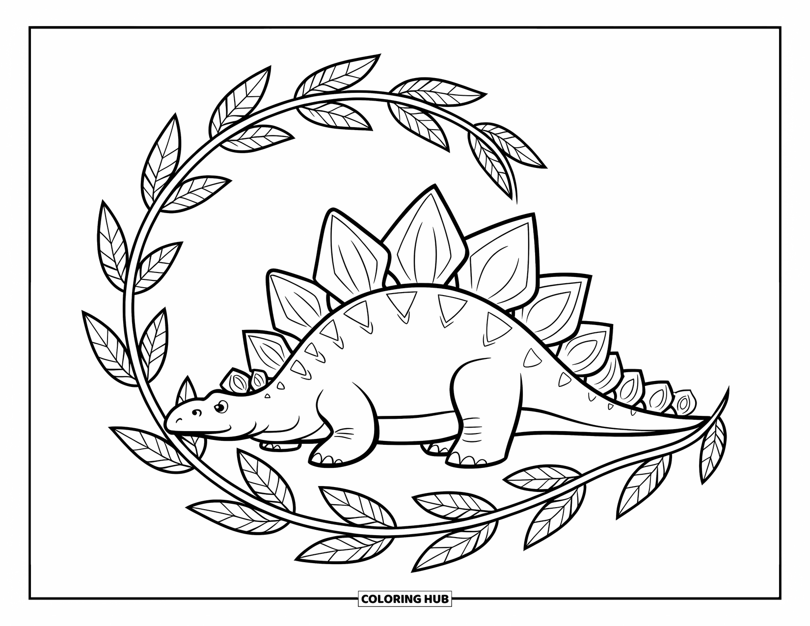 Stegosaurus Coloring Page for Adults: A resting stegosaurus is framed by soft, swirling leaves and vines