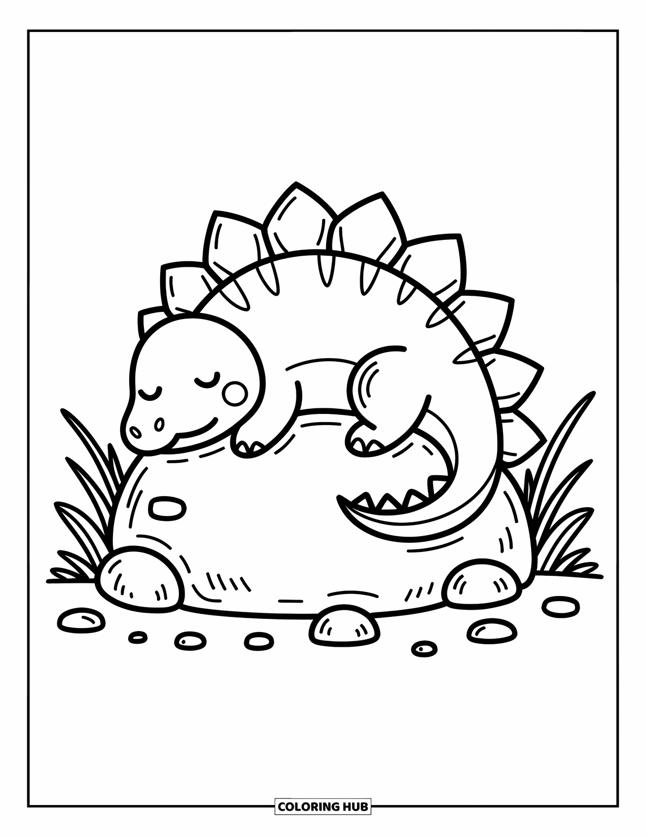 Stegosaurus Coloring Page for Adults: A sleepy stegosaurus curls up on a big rock surrounded by grass and pebbles