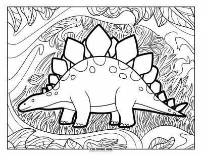 Tegning af stegosaurus til voksne: En stegosaurus græsser blandt svirlende blade og ornamenterede græsmønstre