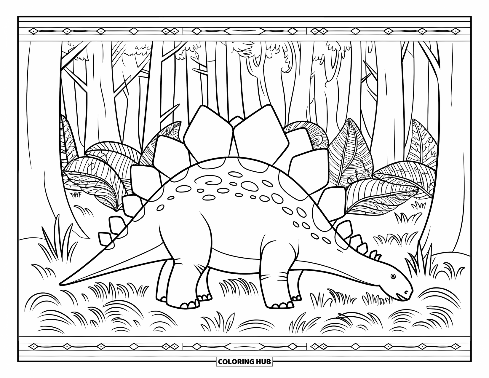 Stegosaurus Coloring Page for Adults: A stegosaurus grazes beneath tall trees with swirling plants and a decorative border