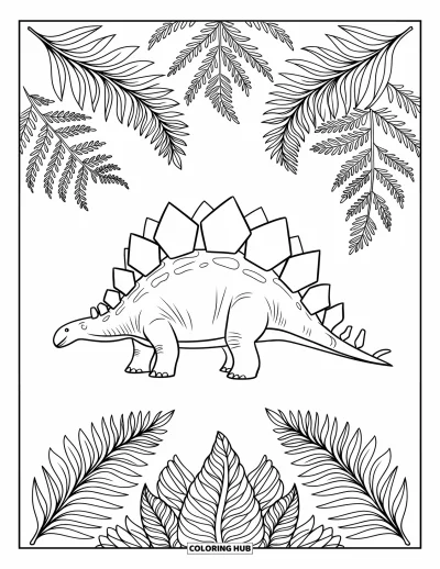 Tegning af stegosaurus til voksne: En stegosaurus set fra siden indrammet af mønstrede mandalaplader af kraftige bregner og blade