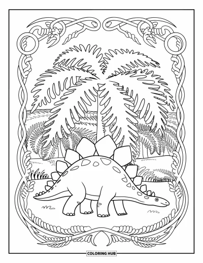Tegning af stegosaurus til voksne: En stegosaurus passerer under bregnetræer i et frodigt land med svirlende slyngplantekanter