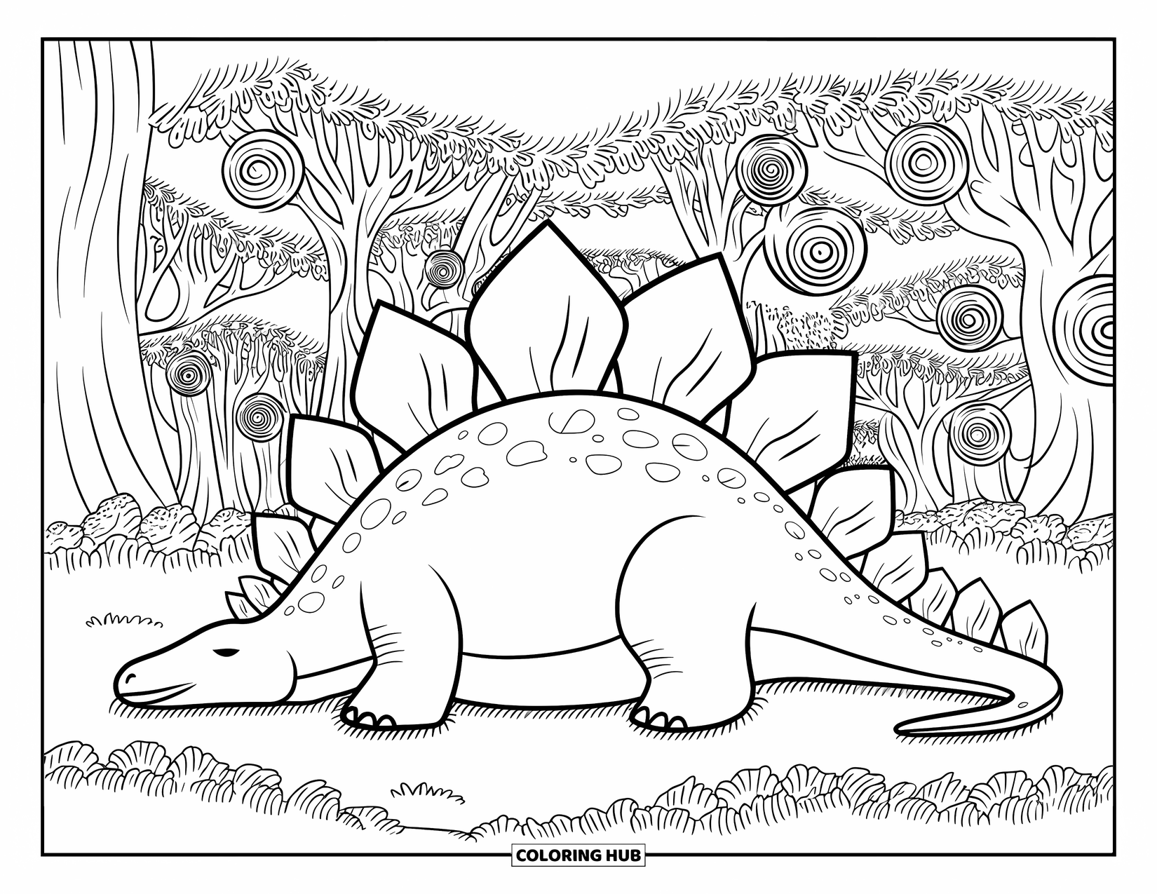 Stegosaurus Coloring Page for Adults: A stegosaurus relaxes in a forest with spiraling trees and leafy designs