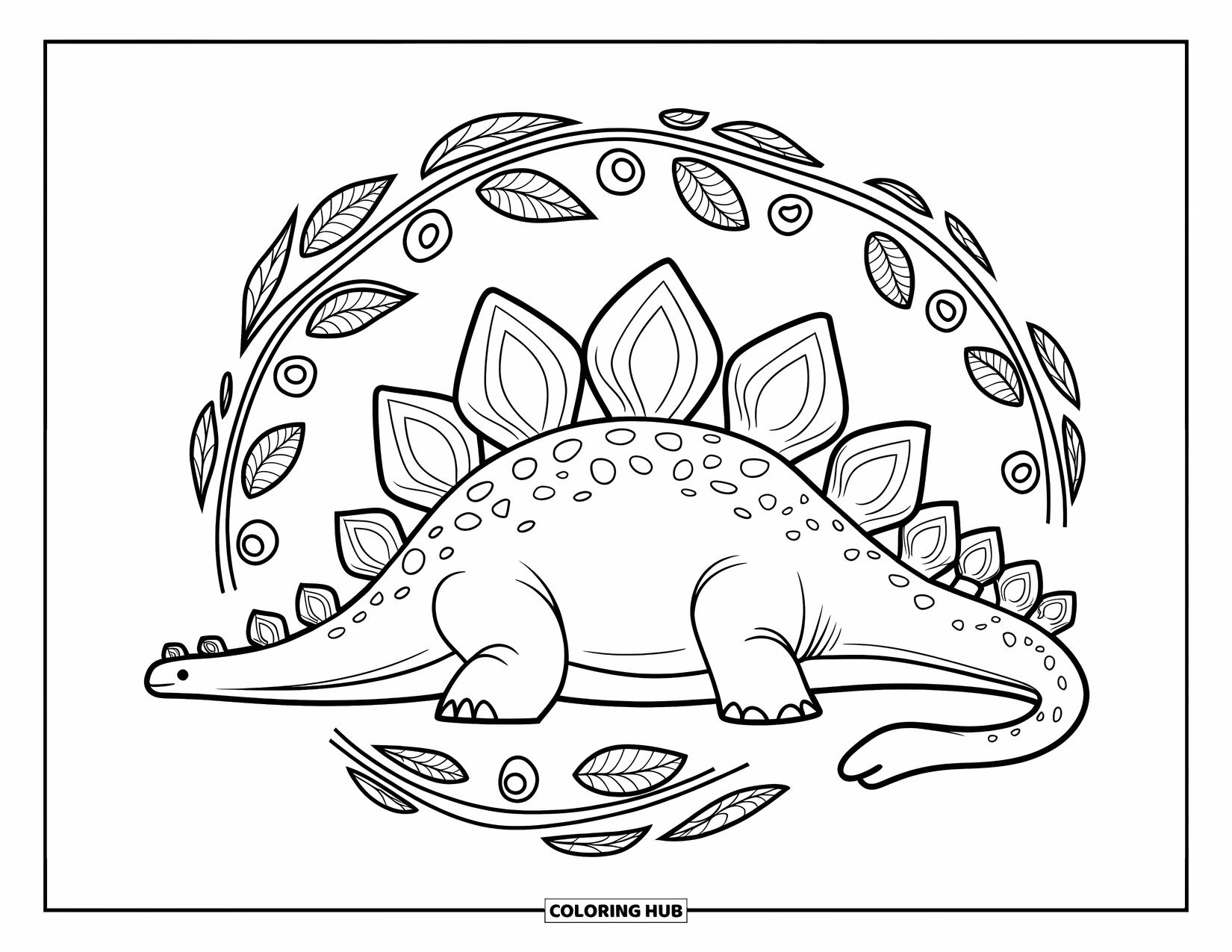 Stegosaurus Coloring Page for Adults: A stegosaurus rests quietly among swirling leaves and bold spiral patterns