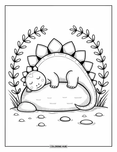 Tegning af stegosaurus til voksne: En stegosaurus sover på en sten omgivet af kviste, småsten og blødt græs