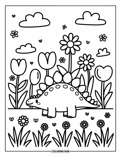 Tegning af stegosaurus til voksne: En stegosaurus står i en blomstrende eng med buede blomster, sommerfugle og bløde skyer