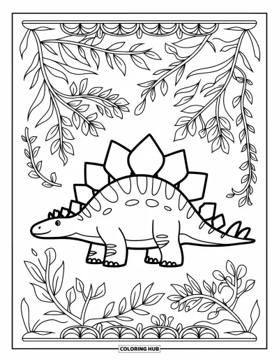 Tegning af stegosaurus til voksne: En stegosaurus står i et virvar af slyngplanter og forhistoriske blade med dekorativ kant