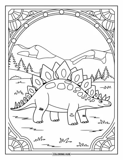 Tegning af stegosaurus til voksne: En stegosaurus står på græs med bjerge bag en blyglasagtig dekorativ kant