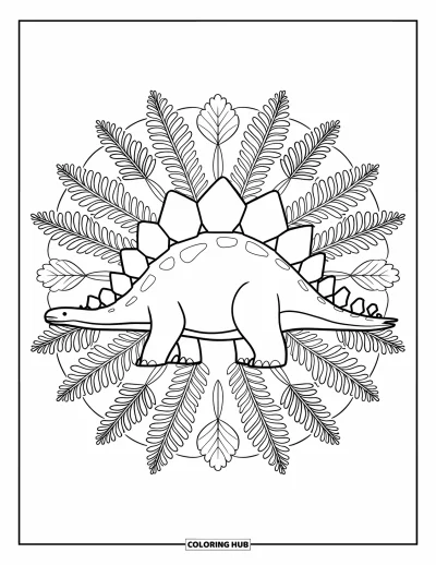 Tegning af stegosaurus til voksne: En stegosaurus står stærk blandt cirkelformede mandalamønstre af bregner og cykaspalmer