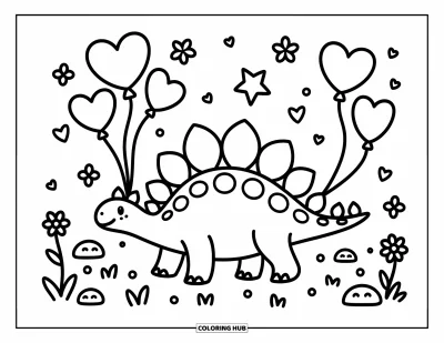 Tegning af stegosaurus til voksne: En stegosaurus slentrer med flydende hjerte- og stjerne-balloner over græs og små blomster