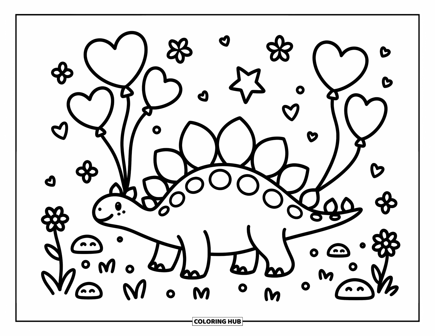 Stegosaurus Coloring Page for Adults: A stegosaurus strolls with floating heart and star balloons over grass and tiny flowers