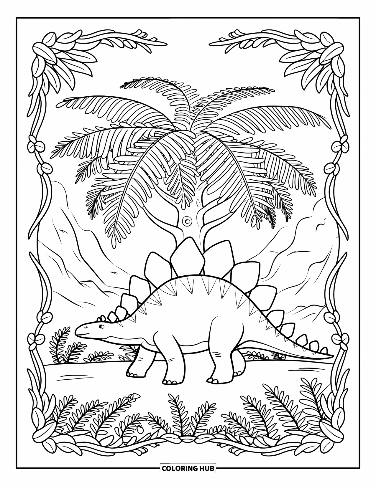 Stegosaurus Coloring Page for Adults: A stegosaurus walks through rocky terrain under a large fern, framed by vines