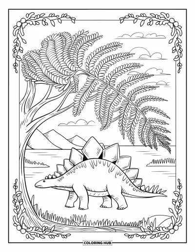 Tegning af stegosaurus til voksne: En stegosaurus går under et bregnetræ med bjerge og vand i baggrunden