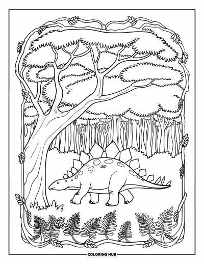 Tegning af stegosaurus til voksne: En stegosaurus går under et træ med hul stamme i en skov fuld af bregner