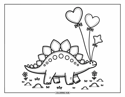 Tegning af stegosaurus til voksne: En stegosaurus går med ballonsnore bundet til hjerter og stjerner over ryggen
