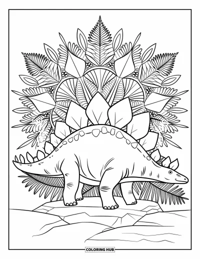 Tegning af stegosaurus til voksne: En stegosaurus med store plader står på sten blandt svirlende mandalablade