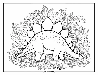 Tegning af stegosaurus til voksne: En stegosaurus med skarpe pigge græsser gennem svirlende blade og langt græs