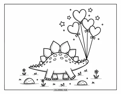 Tegning af stegosaurus til voksne: En blid stegosaurus går med balloner over blomster og bløde græstotter