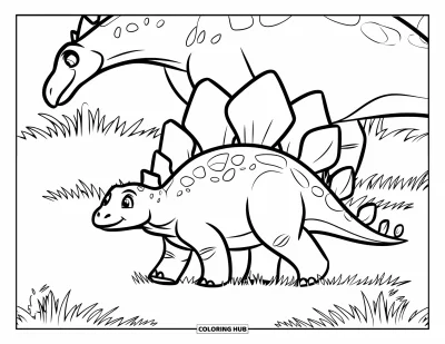 Tegning af stegosaurus til børn: En baby-stegosaurus følger sin forælder over en græsmark med lette former at farvelægge