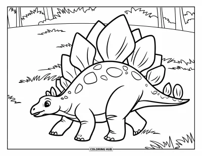 Tegning af stegosaurus til børn: En baby-stegosaurus går ved siden af sin forælder over en vid græsmark