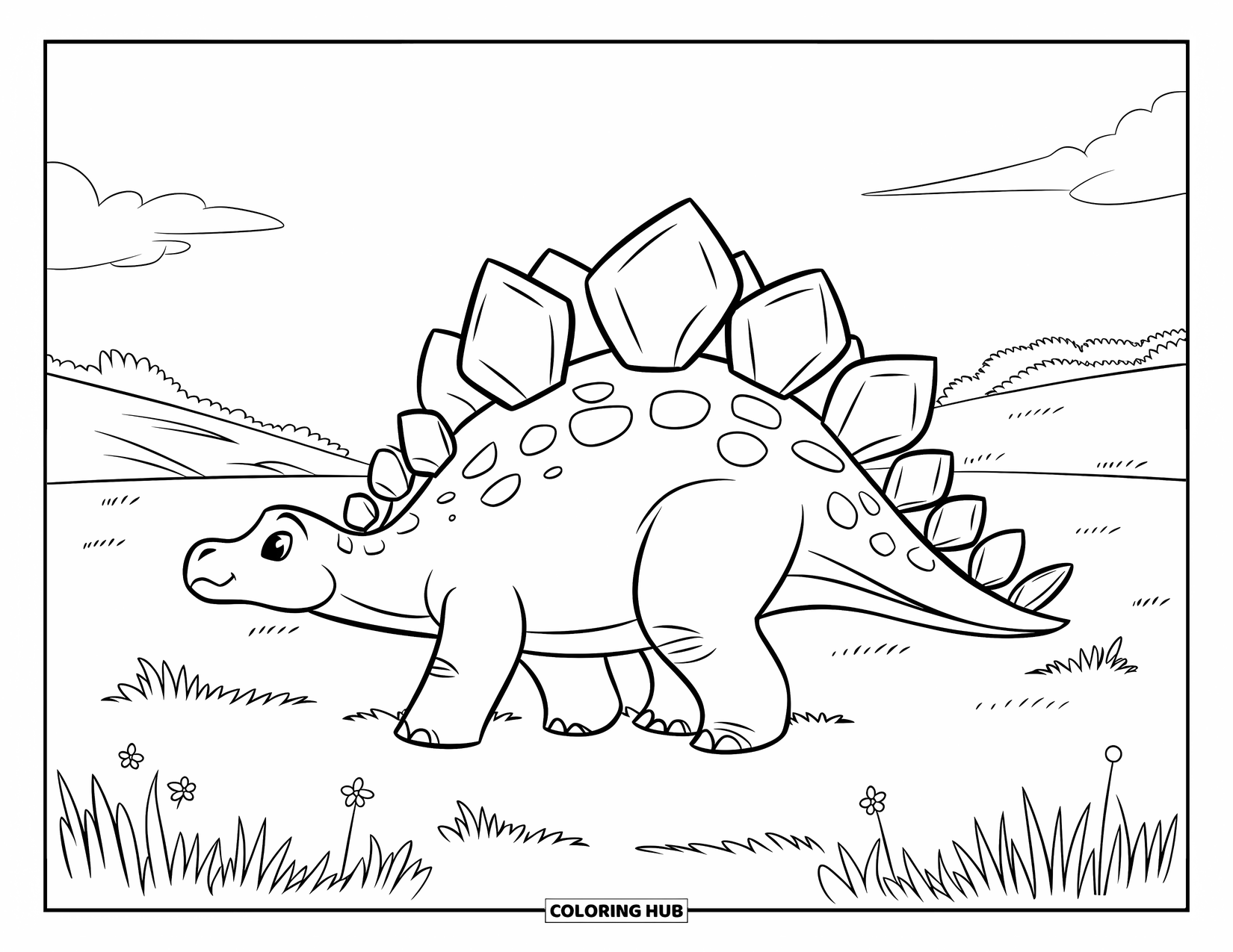 Stegosaurus Coloring Page for Kids: A baby stegosaurus walks with its parent through a grassy field of flowers