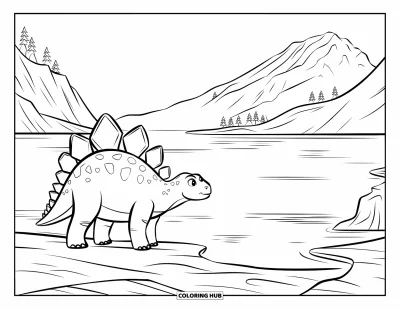 Tegning af stegosaurus til børn: En rolig stegosaurus står nær en stille sø med bjerge der spejler sig i vandet