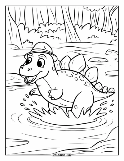 Tegning af stegosaurus til børn: En glad stegosaurus plasker sjovt i en lavvandet bæk med hat på
