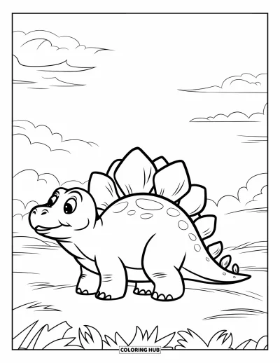 Tegning af stegosaurus til børn: En glad stegosaurus med store plader smiler under en himmel med bløde skyer