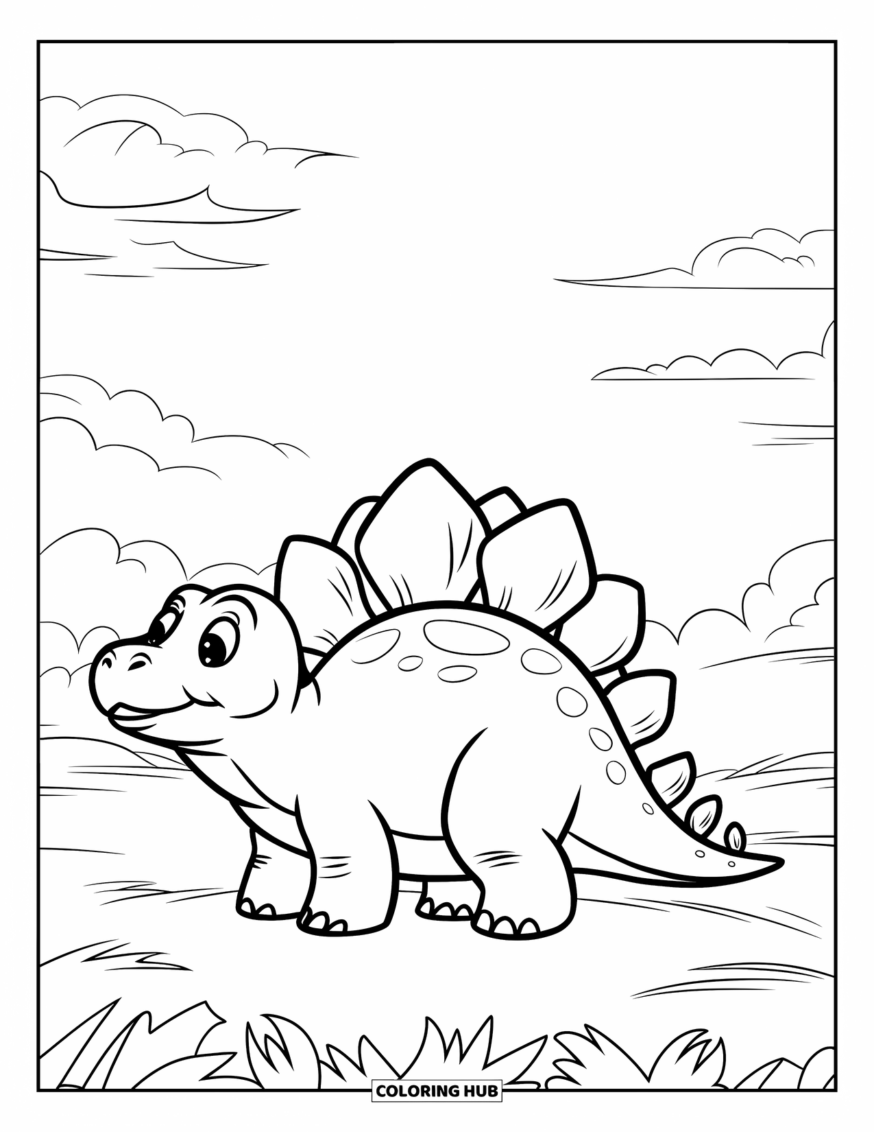 Stegosaurus Coloring Page for Kids: A cheerful stegosaurus with big plates smiles under a sky with fluffy clouds