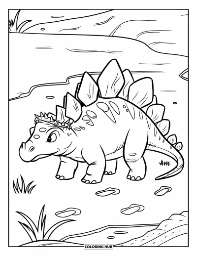 Tegning af stegosaurus til børn: En kronet stegosaurus står ved tør jord og spirende planter i et goldt landskab