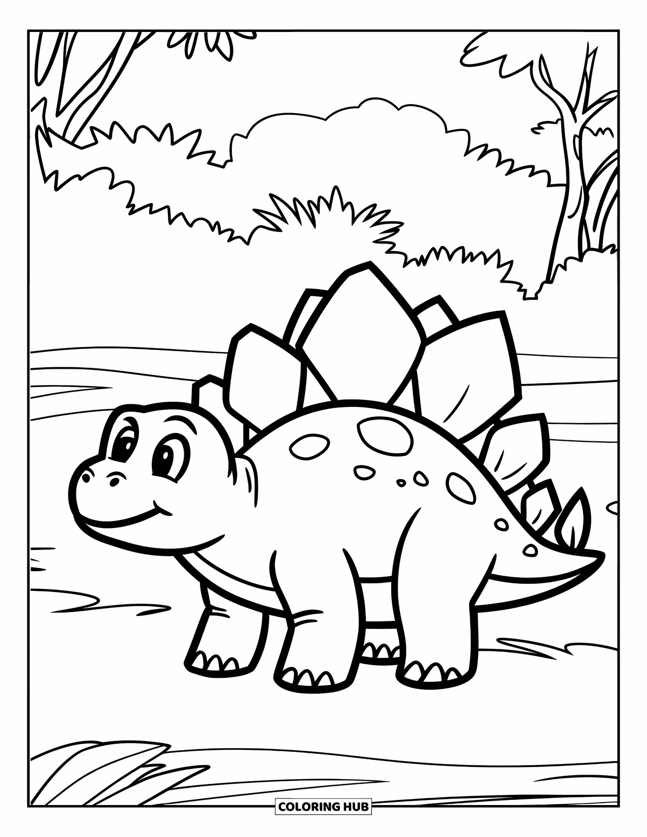 Stegosaurus Coloring Page for Kids: A cute stegosaurus stands in profile on a green field with trees in the distance